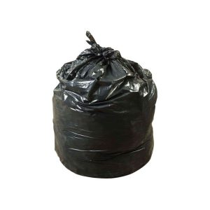 A tied-up black garbage bag isolated on a white background.