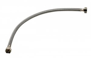 Flexible metal hose with fittings on a white background.