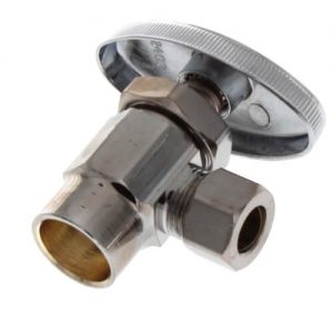 Chrome-plated brass shower diverter valve with a lever on a white background.