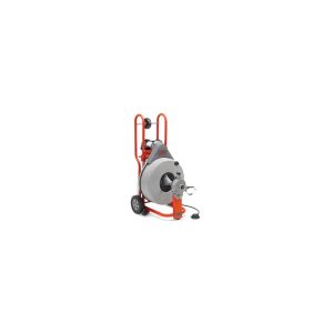 Portable industrial circular saw on a red wheeled stand, isolated on white.