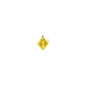 A small, yellow caution sign on a plain white background.