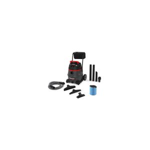 A red and black shop vacuum with various attachments and a filter displayed on a white background.