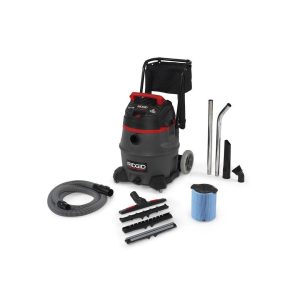 A wet/dry vacuum cleaner with various attachments and wheels on a white background.