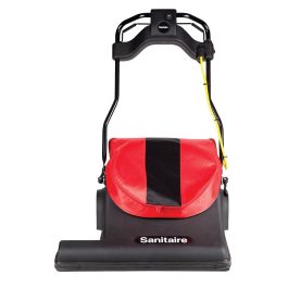 Red and black Sanitaire commercial vacuum cleaner isolated on white background.