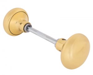 Gold-colored door handle with a central spindle on a white background.