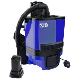 Blue and black commercial backpack vacuum cleaner with hose and attachments.