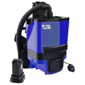 Blue and black commercial backpack vacuum cleaner with hose and attachments.