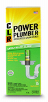 Package of CLR Power Plumber pressurized drain opener with a graphic of a cleared sink pipe.