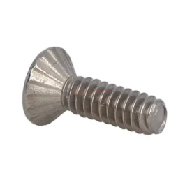 Single metal screw with a flat head and threaded shank on a white background.