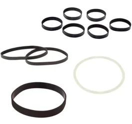 A collection of assorted black and one white rubber bands on a white background.