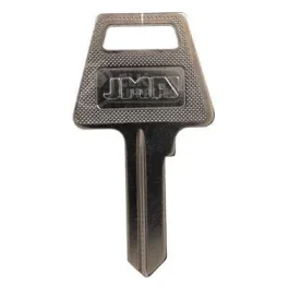 A single metal key with an embossed logo on a white background.