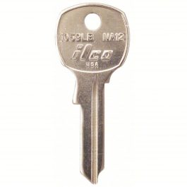Metal key with engraved text and numbers, isolated on a white background.