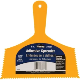 An 8-inch yellow adhesive spreader with serrated edges for flooring installation.