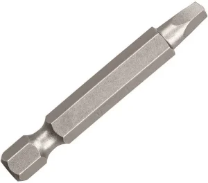 A silver hexagonal screwdriver bit isolated on a white background.