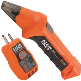 An orange Klein Tools non-contact voltage tester with an integrated infrared thermometer.