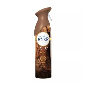 A bottle of Febreze Air Wood scent with a wooden texture design on the label.
