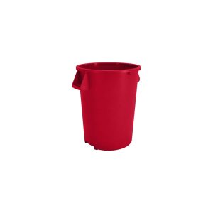 Red plastic trash bin isolated on a white background