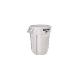 White Brute trash can with closed lid on a plain background.