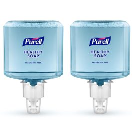 Two wall-mounted Purell Healthy Soap dispensers with blue soap, labeled "fragrance free".