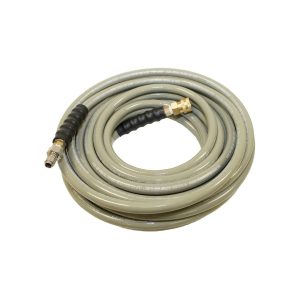 Coiled beige garden hose with a brass fitting on a white background.