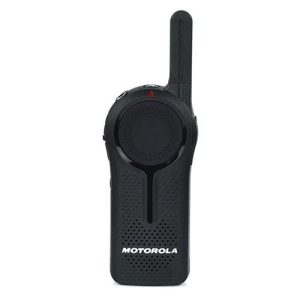 Two-way Motorola radio with black antenna and belt clip.
