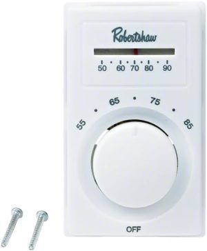 Wall-mounted manual thermostat with temperature control dial and screws.
