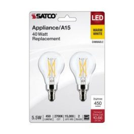 Packaging of two Satco LED warm white bulbs with details on energy efficiency.