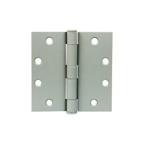 A silver door hinge isolated on a white background.