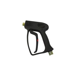 Black pressure washer gun with a red trigger on a white background.