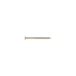 Single gold-colored wood screw isolated on a white background.