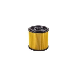 Yellow cylindrical air filter for a vehicle on a white background.
