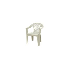 A plastic patio chair with a lattice back design, isolated on a white background.