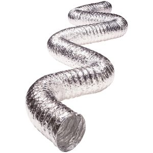 Flexible aluminum foil ducting coiled against a white background.