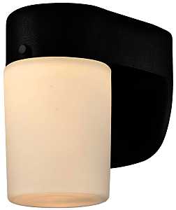 Modern wall-mounted light fixture with a black mount and frosted glass shade.