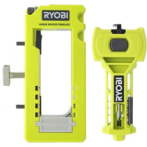 Ryobi hinge router template in neon yellow for woodworking.