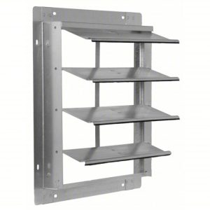 Wall-mounted metal shelving unit with four empty shelves.