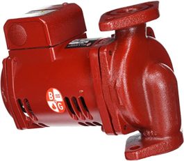 Red industrial circulating pump for heating and cooling systems.