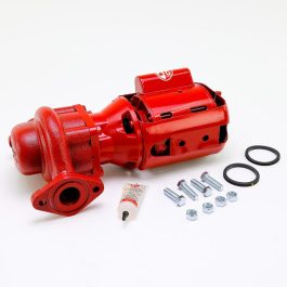 Red hydraulic cylinder with accessories on a white background.
