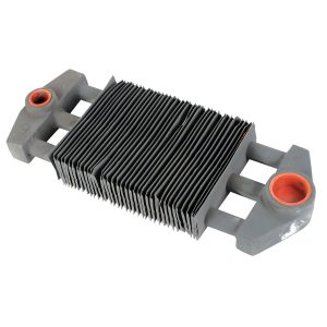 Rectangular automotive heat sink with fins and two orange connectors.