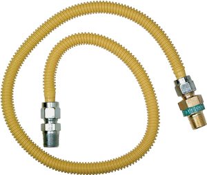 Flexible yellow gas line connector with metal fittings on each end.