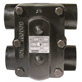 Black industrial pipe flange with bolts and a pressure information tag.