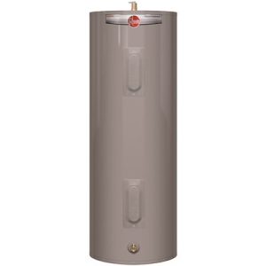 Vertical electric water heater with thermostat and branding on the upper section.