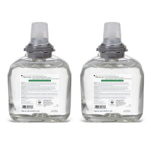 Two clear hand soap refill bottles with labels and dispenser pumps.