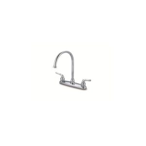 Chrome kitchen faucet with two handles on a white background.