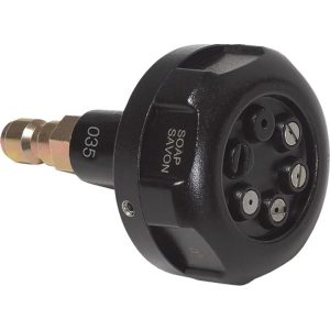 Black 5-pin DIN connector with male plug on white background.