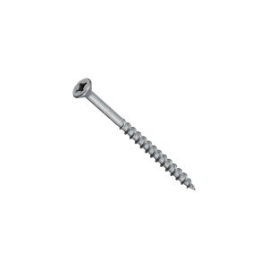 A single metal screw with a sharp point and threaded body on a white background.