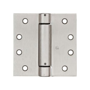 Stainless steel door hinge isolated on a white background.