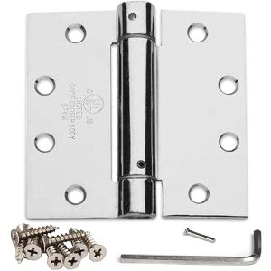 A silver door hinge with screws and an Allen key on a white background.