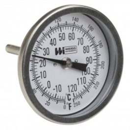 Analog bimetallic thermometer with Celsius and Fahrenheit scales.