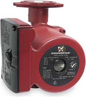 Red Grundfos circulator pump for indoor heating systems.